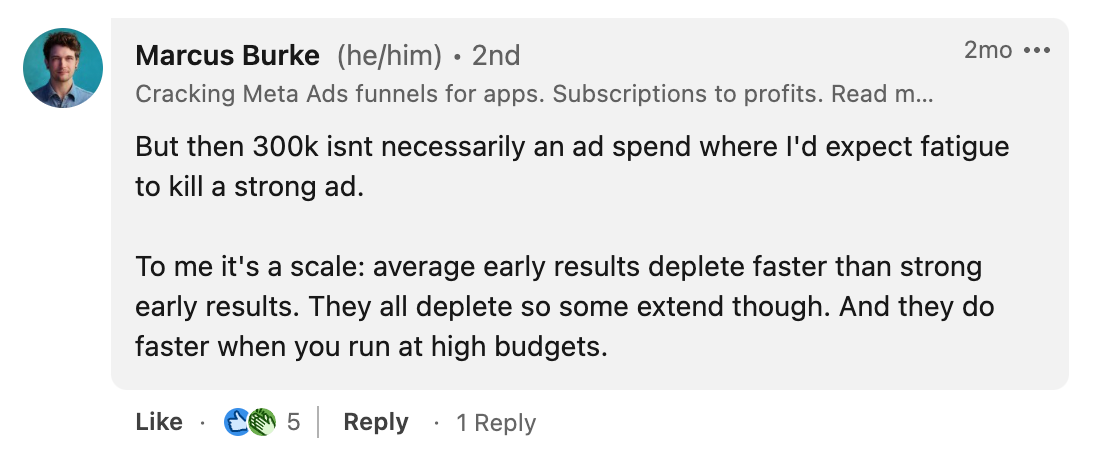 Image of linkedin comment response about ad fatigue