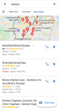 google maps search results