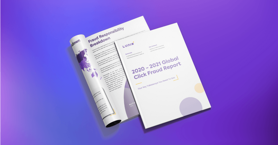 Purple background with photo of Lunio Clickfraud Report